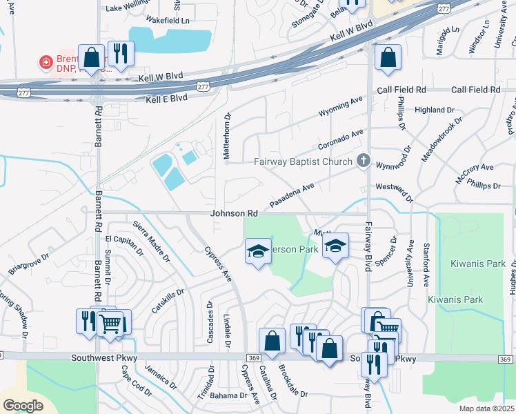 map of restaurants, bars, coffee shops, grocery stores, and more near 4814 Pasadena Avenue in Wichita Falls