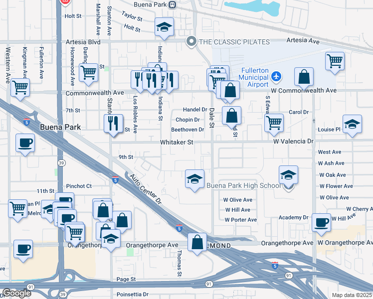 map of restaurants, bars, coffee shops, grocery stores, and more near 8362 Whitaker Street in Buena Park