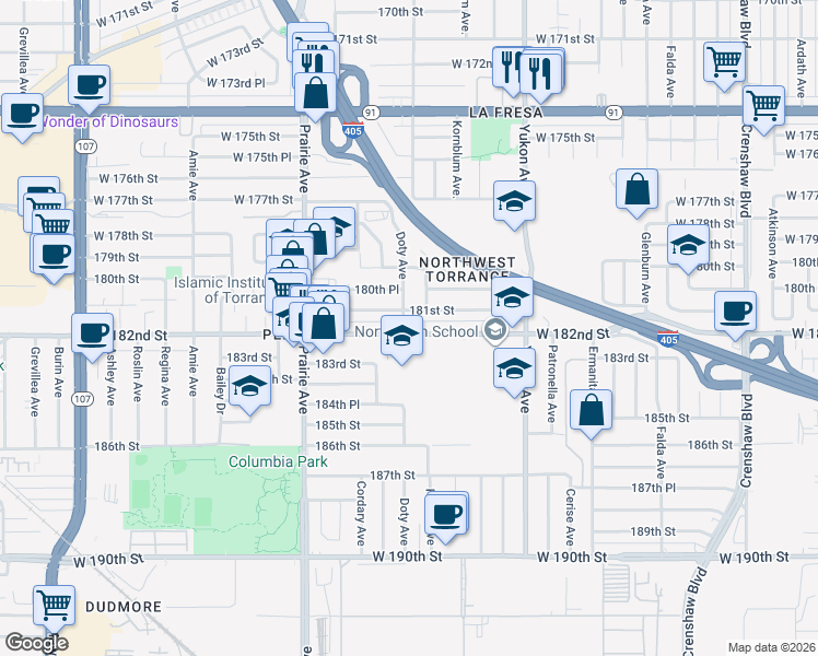 map of restaurants, bars, coffee shops, grocery stores, and more near 3749 West 182nd Street in Torrance