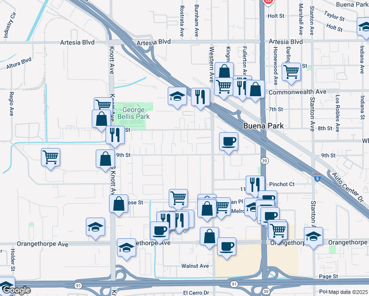 map of restaurants, bars, coffee shops, grocery stores, and more near in Buena Park
