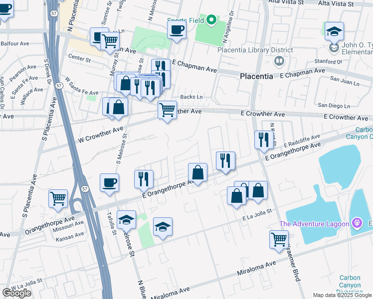 map of restaurants, bars, coffee shops, grocery stores, and more near 305 Ridgelake Drive in Placentia