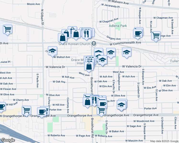 map of restaurants, bars, coffee shops, grocery stores, and more near 333 South Brookhurst Road in Fullerton