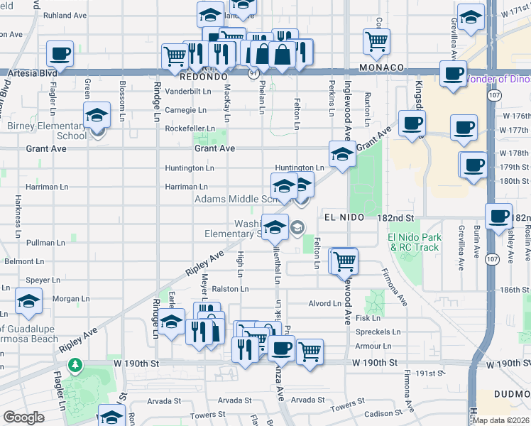 map of restaurants, bars, coffee shops, grocery stores, and more near 1206 Phelan Lane in Redondo Beach
