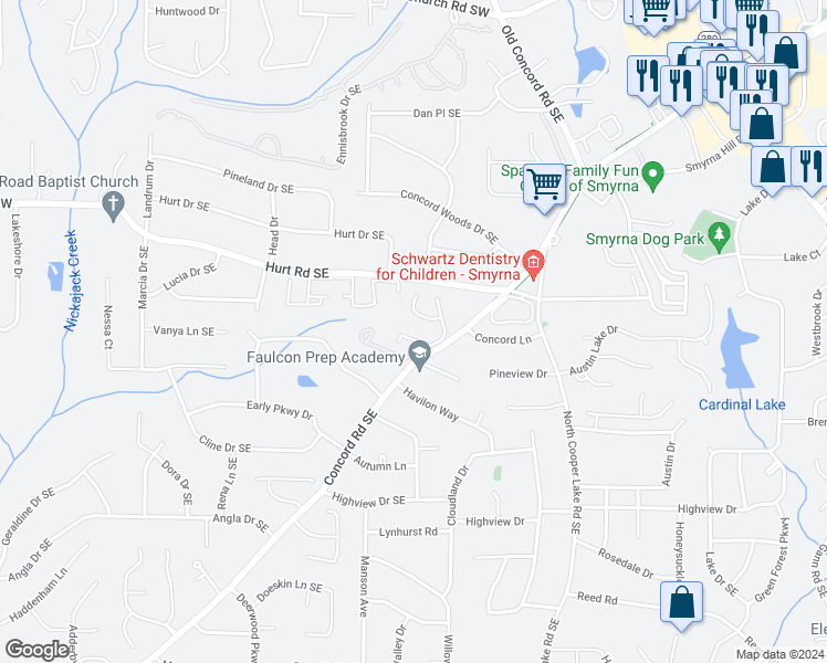 map of restaurants, bars, coffee shops, grocery stores, and more near 1142 Berkley Drive Southeast in Smyrna