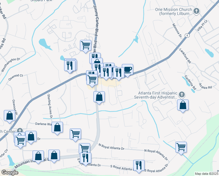 map of restaurants, bars, coffee shops, grocery stores, and more near 712 Arbor Circle in Tucker