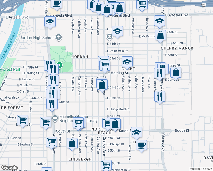 map of restaurants, bars, coffee shops, grocery stores, and more near 6100 Orange Avenue in Long Beach