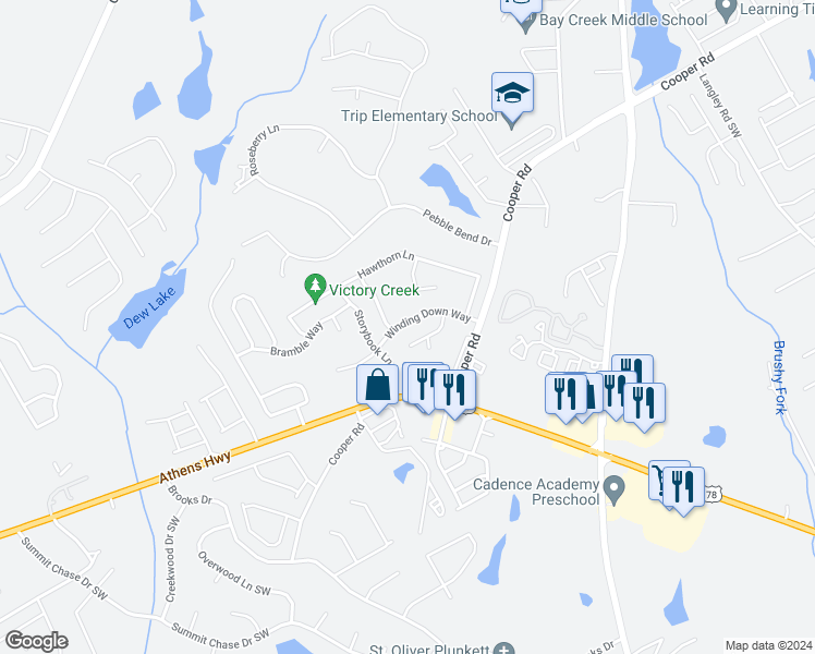 map of restaurants, bars, coffee shops, grocery stores, and more near 1028 Winding Down Way in Grayson