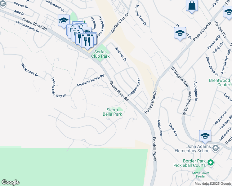 map of restaurants, bars, coffee shops, grocery stores, and more near 2325 Del Mar Way in Corona