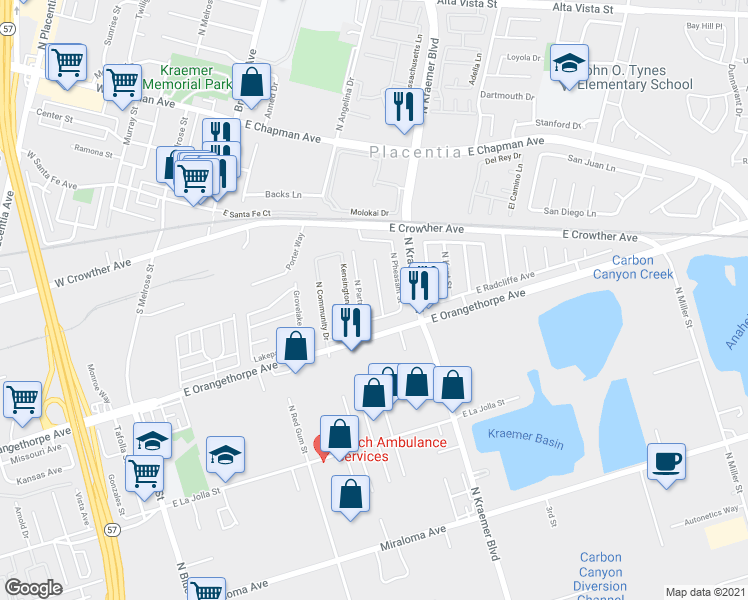 map of restaurants, bars, coffee shops, grocery stores, and more near 1722 North Meadowlark Lane in Anaheim
