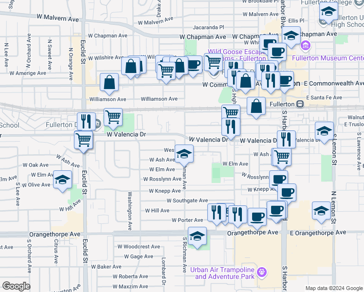 map of restaurants, bars, coffee shops, grocery stores, and more near 498 West Avenue in Fullerton