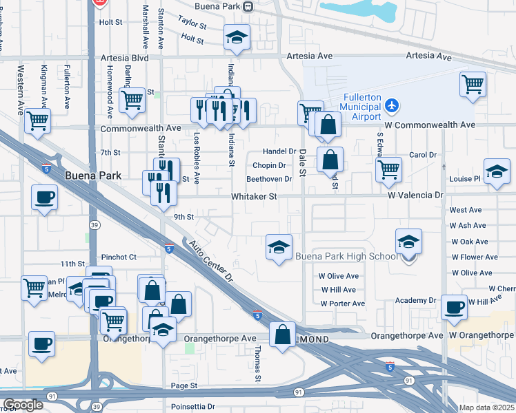 map of restaurants, bars, coffee shops, grocery stores, and more near 8292 Whitaker Street in Buena Park