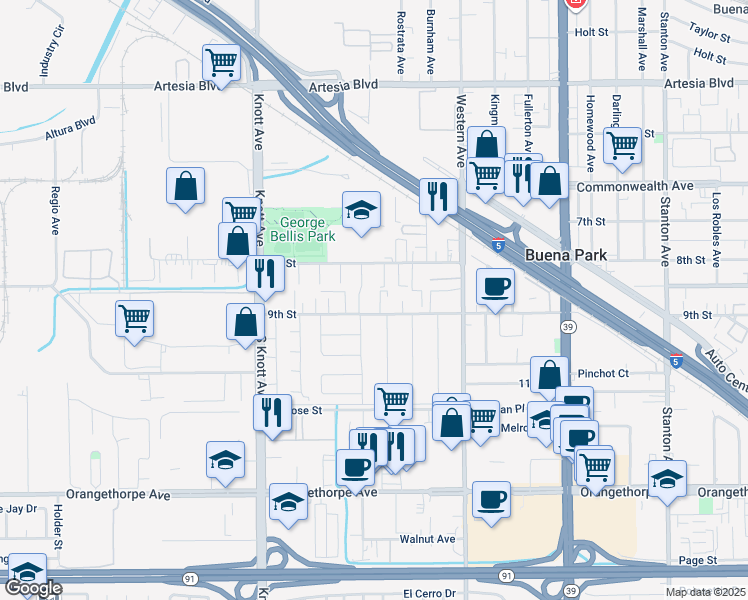 map of restaurants, bars, coffee shops, grocery stores, and more near 7261 9th Street in Buena Park