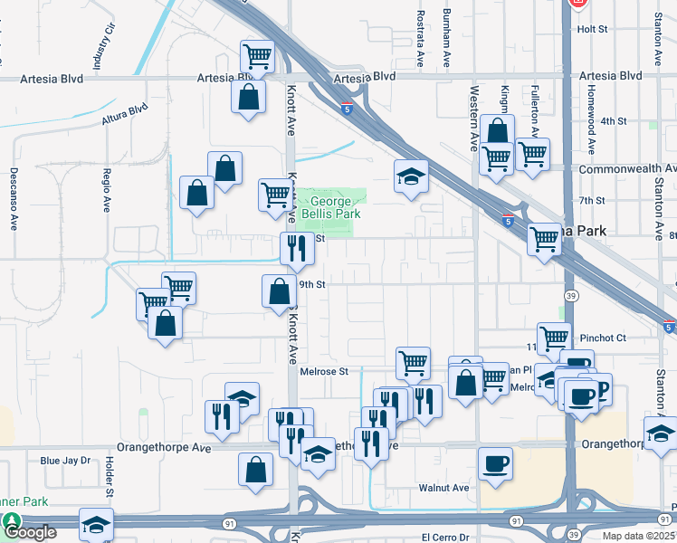 map of restaurants, bars, coffee shops, grocery stores, and more near 7101 9th Street in Buena Park