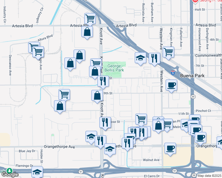 map of restaurants, bars, coffee shops, grocery stores, and more near 7101 9th Street in Buena Park