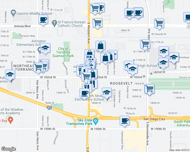 map of restaurants, bars, coffee shops, grocery stores, and more near 1656 West 182nd Street in Gardena