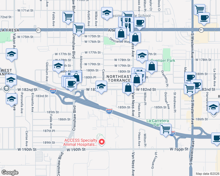 map of restaurants, bars, coffee shops, grocery stores, and more near 2602 West 182nd Street in Torrance