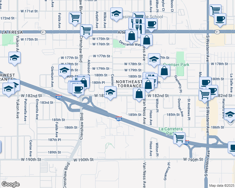 map of restaurants, bars, coffee shops, grocery stores, and more near 2602 West 182nd Street in Torrance