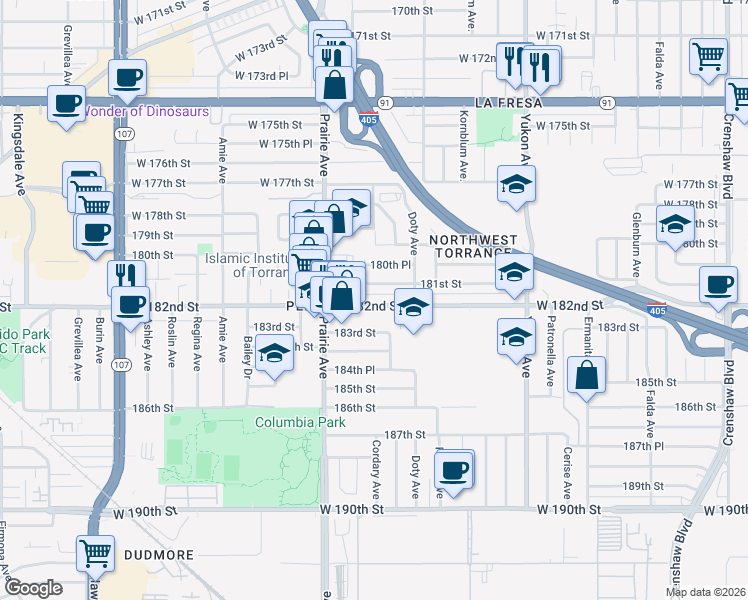 map of restaurants, bars, coffee shops, grocery stores, and more near 3839 West 182nd Street in Torrance