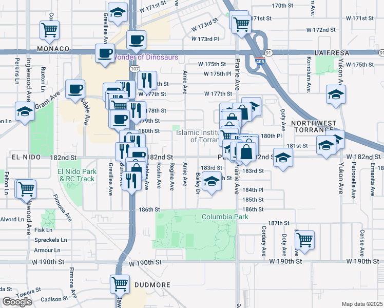 map of restaurants, bars, coffee shops, grocery stores, and more near 4122 West 182nd Street in Torrance