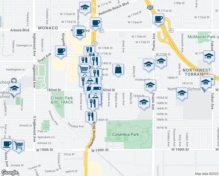 map of restaurants, bars, coffee shops, grocery stores, and more near 4274 West 182nd Street in Torrance