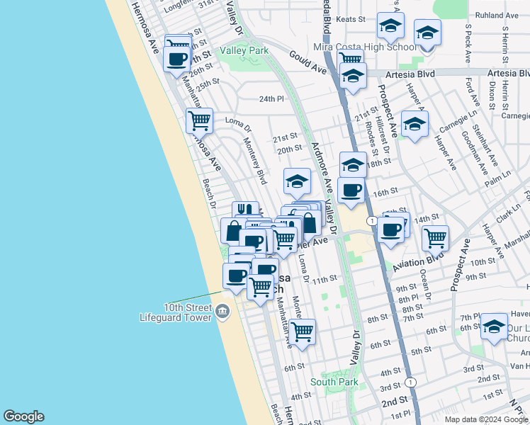 map of restaurants, bars, coffee shops, grocery stores, and more near 215 16th Street in Hermosa Beach