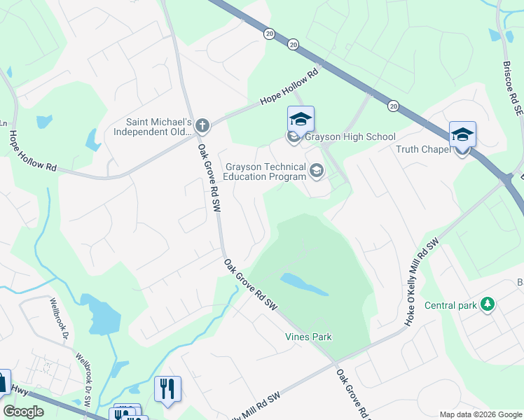 map of restaurants, bars, coffee shops, grocery stores, and more near 3320 Watson Gate Road Southwest in Loganville