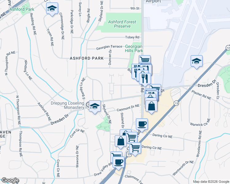 map of restaurants, bars, coffee shops, grocery stores, and more near 2667 Derby Walk Northeast in Atlanta
