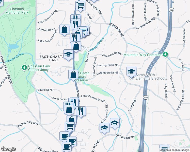map of restaurants, bars, coffee shops, grocery stores, and more near 290 Lakemoore Drive Northeast in Atlanta