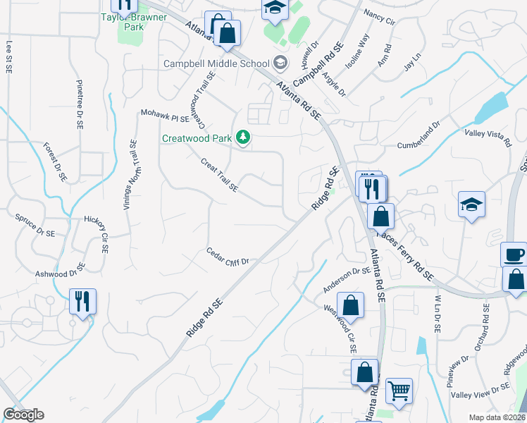 map of restaurants, bars, coffee shops, grocery stores, and more near 1881 Wynridge Drive in Smyrna