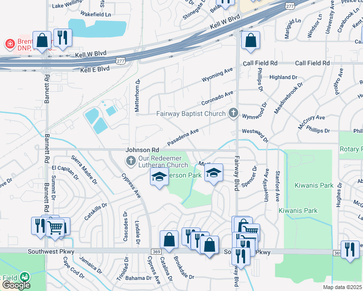 map of restaurants, bars, coffee shops, grocery stores, and more near 4808 Johnson Road in Wichita Falls