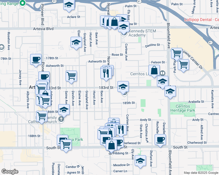 map of restaurants, bars, coffee shops, grocery stores, and more near Norwalk Boulevard & 183rd Street in Artesia