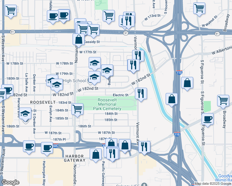 map of restaurants, bars, coffee shops, grocery stores, and more near in Gardena