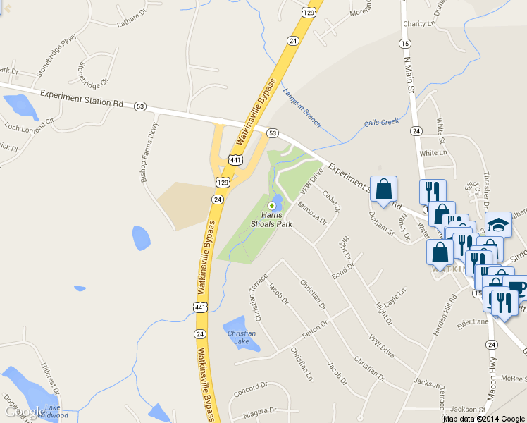map of restaurants, bars, coffee shops, grocery stores, and more near 1251 Experiment Station Road in Watkinsville