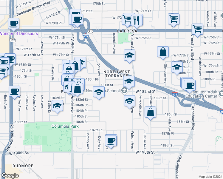 map of restaurants, bars, coffee shops, grocery stores, and more near 3717 West 182nd Street in Torrance
