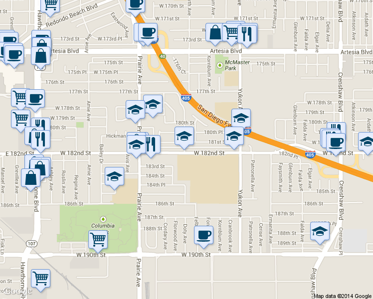 map of restaurants, bars, coffee shops, grocery stores, and more near 3749 West 182nd Street in Torrance