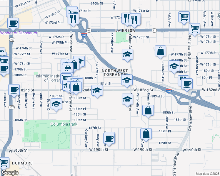 map of restaurants, bars, coffee shops, grocery stores, and more near 3717 West 182nd Street in Torrance