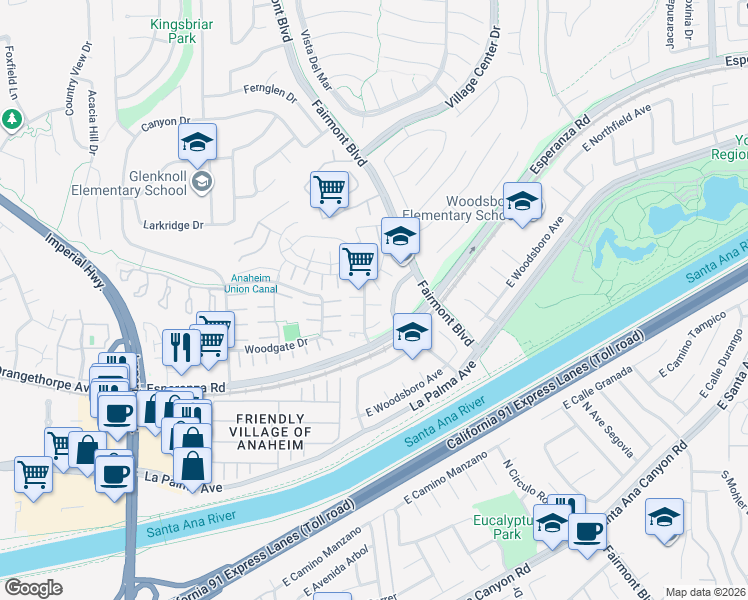 map of restaurants, bars, coffee shops, grocery stores, and more near 20333 Cranberry Lane in Yorba Linda