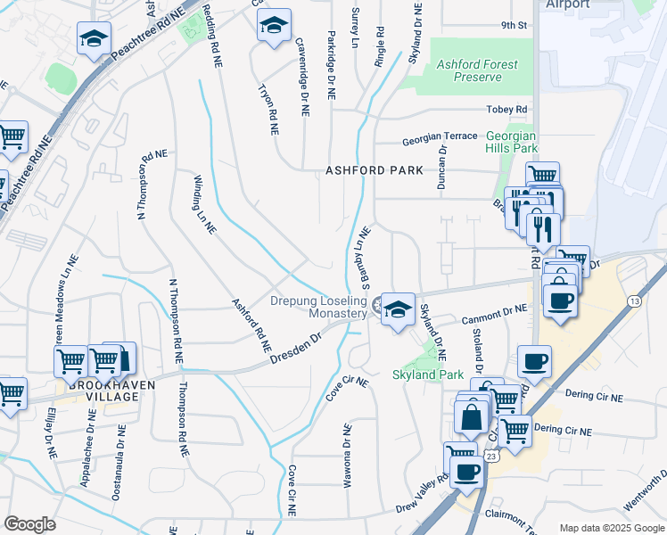map of restaurants, bars, coffee shops, grocery stores, and more near 2569 Redding Road Northeast in Atlanta