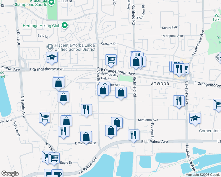 map of restaurants, bars, coffee shops, grocery stores, and more near 1645 La Paloma Avenue in Placentia