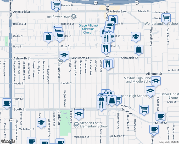 map of restaurants, bars, coffee shops, grocery stores, and more near 6059 Hersholt Avenue in Lakewood