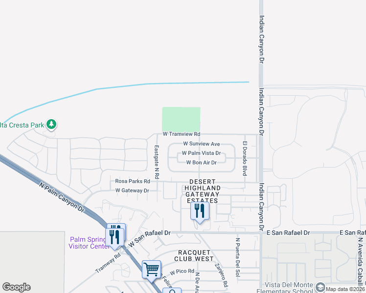 map of restaurants, bars, coffee shops, grocery stores, and more near 481 West Sunview Avenue in Palm Springs