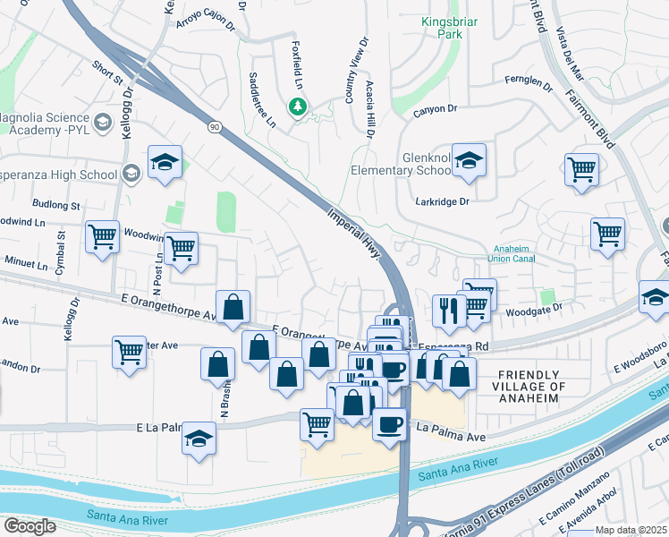 map of restaurants, bars, coffee shops, grocery stores, and more near 5499 East Willow Woods Lane in Anaheim