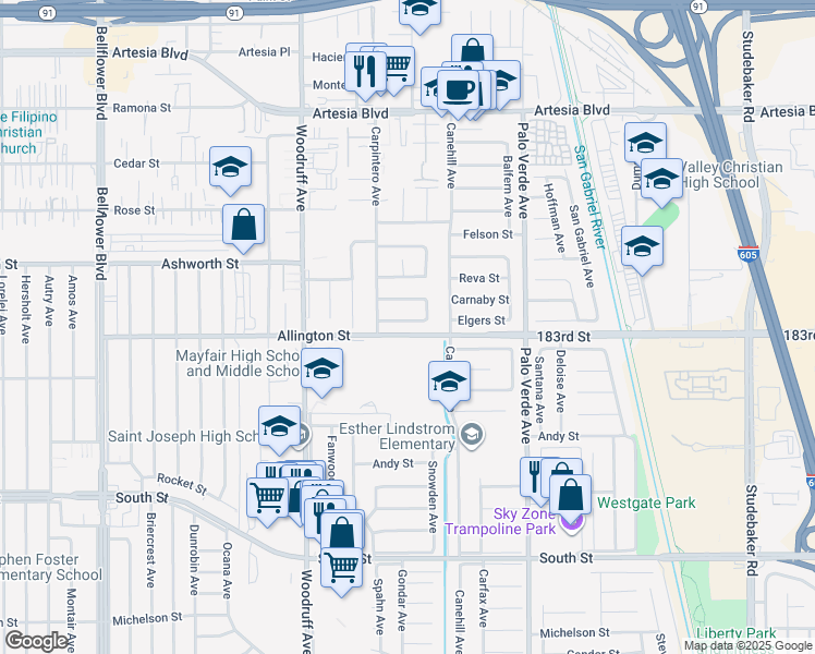 map of restaurants, bars, coffee shops, grocery stores, and more near 10402 Amber Street in Bellflower