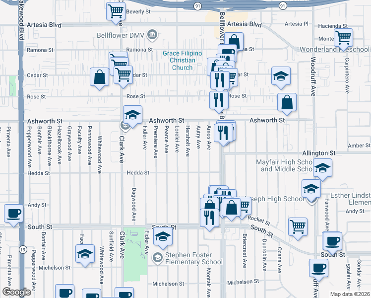 map of restaurants, bars, coffee shops, grocery stores, and more near 6059 Hersholt Avenue in Lakewood
