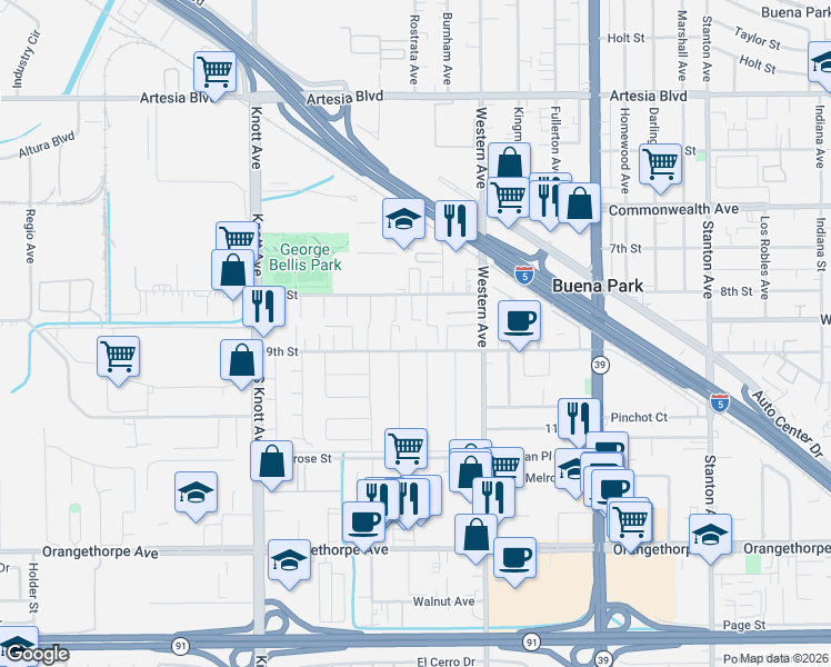 map of restaurants, bars, coffee shops, grocery stores, and more near 7331 9th Street in Buena Park