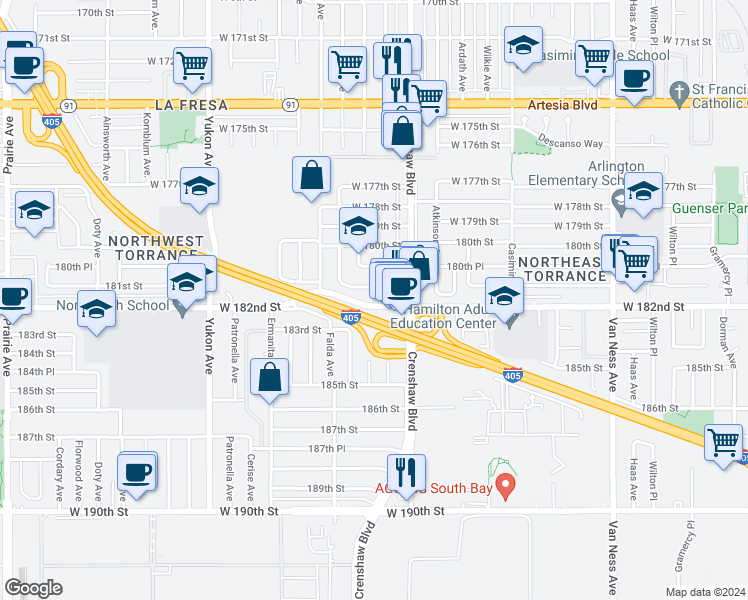 map of restaurants, bars, coffee shops, grocery stores, and more near 3157 West 182nd Street in Torrance