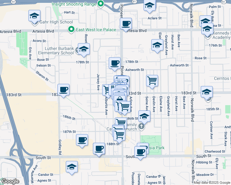 map of restaurants, bars, coffee shops, grocery stores, and more near 19127 Pioneer Boulevard in Artesia