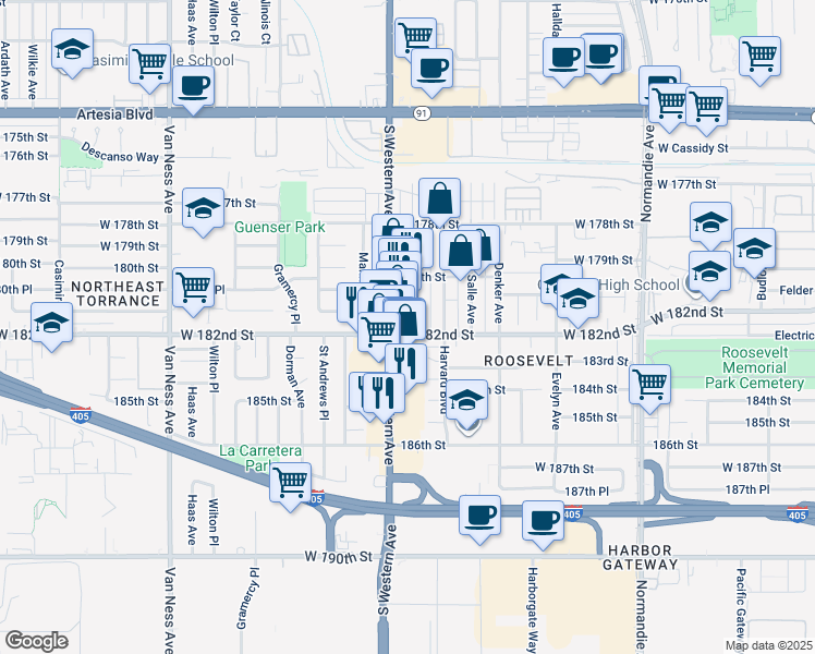 map of restaurants, bars, coffee shops, grocery stores, and more near 1656 West 182nd Street in Gardena