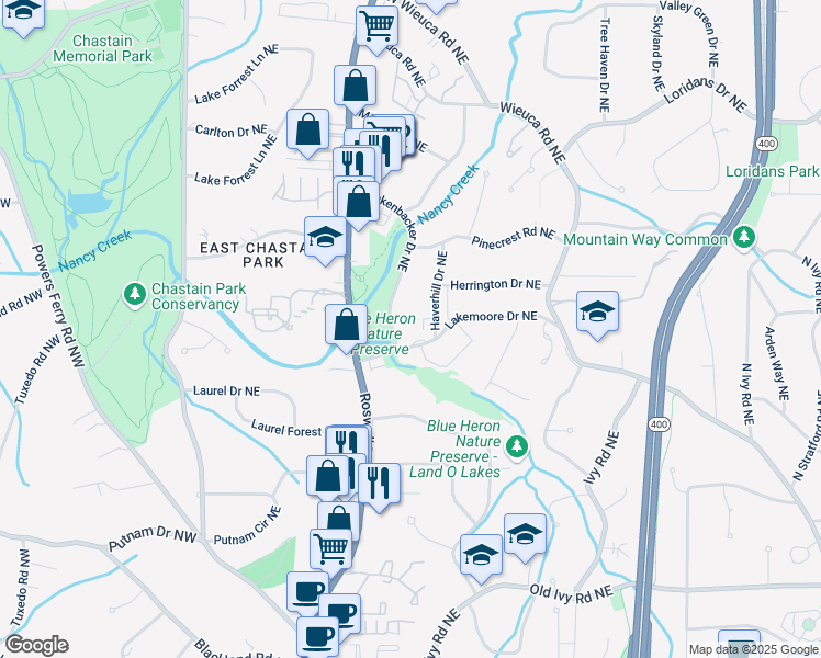 map of restaurants, bars, coffee shops, grocery stores, and more near 276 Lakemoore Drive Northeast in Atlanta
