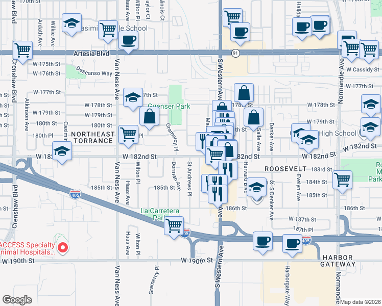 map of restaurants, bars, coffee shops, grocery stores, and more near 1883 West 182nd Street in Torrance